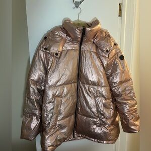 Calvin Klein Metallic Pink Puffer Coat Hooded XL Zip Up Cinch Women’s Shimmer
